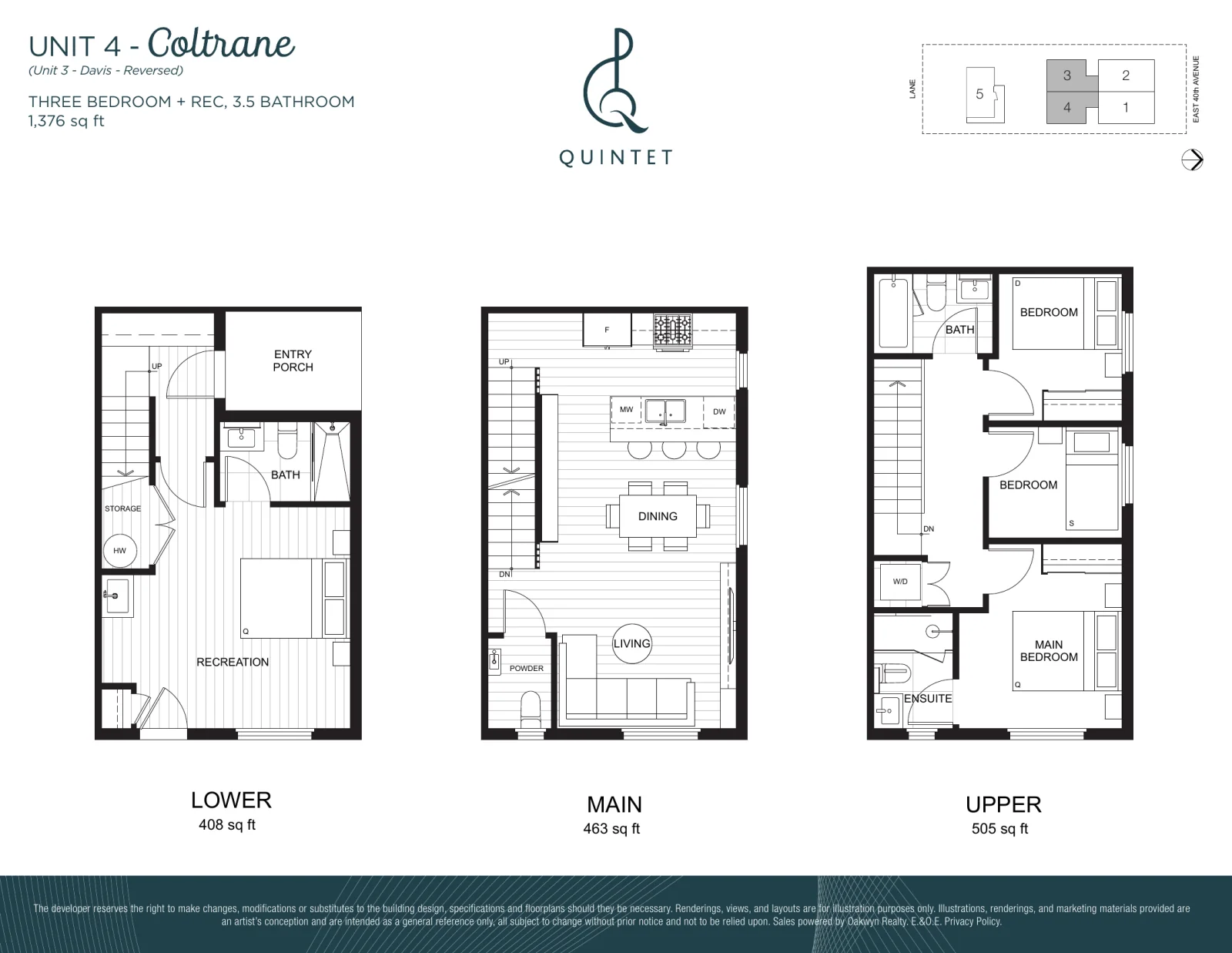 Quintet floor plan, Davis and Coltrane: 3 bedrooms, 3.5 bathrooms, 1,380 sq ft