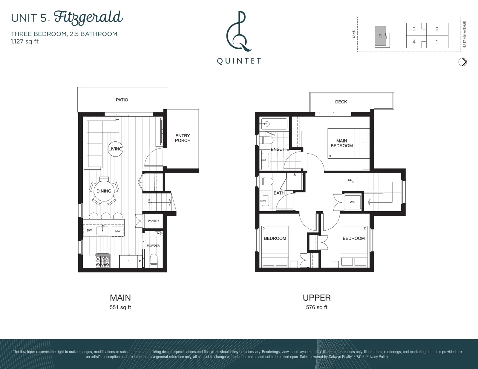Quintet floor plan, Fitzgerald: 3 bedrooms, 2.5 bathrooms, 973 sq ft